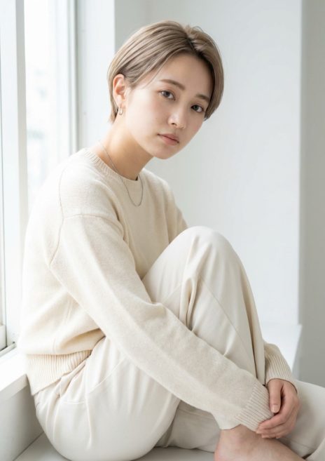 ホワイトベージュ×すっきりシルエットのクリーンショート